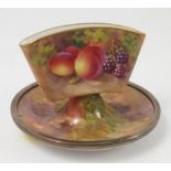 A Royal Worcester silver mounted cigarette stand, decorated with fruit to a mossy background,