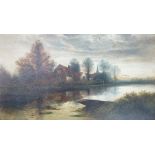 William Langley, oil on canvas, river scene with church and cottages to the background,