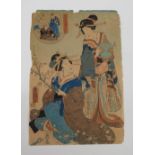 Three Oriental colour prints, of Oriental figures in colourful costume, with character marks,