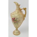 A Royal Worcester blush ivory ewer, decorated with thistles and flowers,