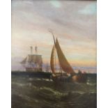 William Callcott Knell, oil on canvas, shipping scene, Twilight in the Downs, signed and dated 1878,