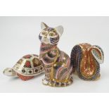 Three Royal Crown Derby paper weights, modelled as a cat,