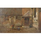 C Gogin, oil board, courtyard scene with figure pulling a child in a cart,