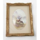 A Fine Art Ceramic Painting oval porcelain plaque, decorated with a stag and doe in landscape,