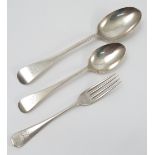 Five silver dessert spoons, together with three matching silver serving spoons,