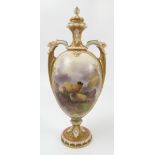 A Royal Worcester covered vase, with lion mask handles, hand painted to the front with three sheep