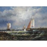 A pair of modern oils on board, seascapes with boats on choppy seas, 11.