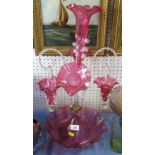 A 19th century cranberry glass epergne,