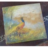 A wooden box, the lid painted with a cock and hen pheasant in landscape by R Austin,