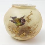 A Royal Worcester blush ivory globular vase, decorated with a blue tit to a wrythen moulded body,