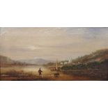 A 19th century English school oil on canvas, rural scene with man wading in river, boat,