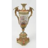 A Royal Worcester pedestal vase, decorated with flowers, with griffin mask handles, af,