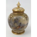 A Royal Worcester quarter lobed vase, decorated with a cock and hen pheasant by James Stinton,