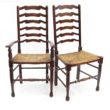 A set of eight reproduction beech ladder back dining chairs (6+2), with rush seats,