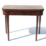 A 19th century mahogany D-shaped fold over tea table, with boxwood stringing and frieze drawer,