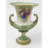 A Royal Worcester campana shaped vase, decorated with plums by Chivers, to a green ground,