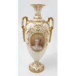 A Royal Worcester vase, decorated with reserve panel of a lady by Hawkins, with gilt decoration,