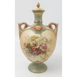 A Royal Worcester blush ivory covered vase, decorated with flowers to a globular body,