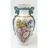 A Royal Worcester vase, decorated with sprays of flowers, with a turquoise jewelled handle,