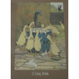 After Cecil Aldin, colour print, A Long Drink, ducklings drinking from a water butt, 14.5ins x 10.