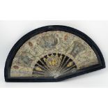 A 19th century French fan, with gilt and mother of pearl sticks decorated with figures and piercing,