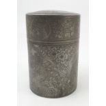 A Chinese Tehyee Pewter Swatow cylindrical tea caddy, with pull off lid and inner lid,