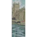 John Brunsdon, limited edition colour print, Wells Cathedral from the Springs, 12.25ins x 5.
