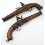 A pair of Antique Belgium flintlock pistols, with steel barrel and ram rod, mahogany stock,