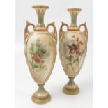 A pair of Royal Worcester blush ivory vases, with moulded green bands,