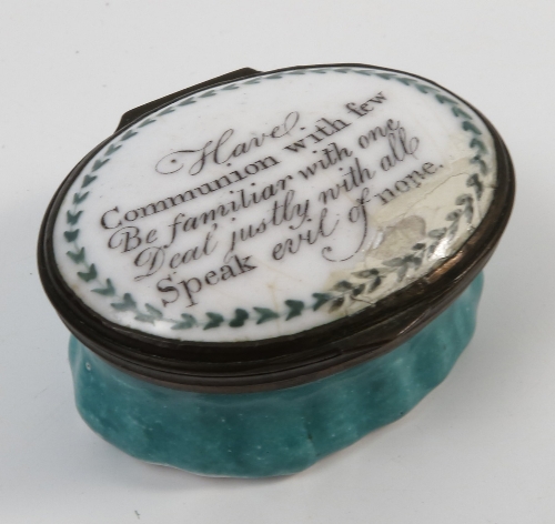 A 19th century Bilston enamel patch box, the lid inscribed 'Have communion with few,