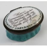 A 19th century Bilston enamel patch box, the lid inscribed 'Have communion with few,