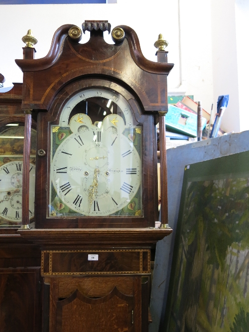 A 19th century long case clock, having arched painted dial, decorated with shells and ship,