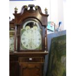 A 19th century long case clock, having arched painted dial, decorated with shells and ship,