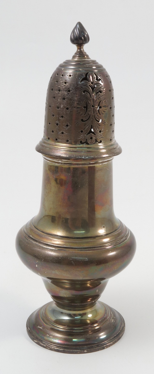 A silver sugar caster, of traditional form, London 1907,