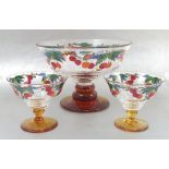 A 1930's Art Deco Stuart six piece dessert set, enamelled with cherry pattern designed by Ludwig