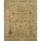 A 19th century tapestry sampler, stitched with a poem The Butterfly framed by flowers, birds,