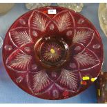 Three ruby glass circular dishes, with cut decoration and well to centre, diameters 16ins  Condition