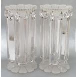 A pair of frosted and clear glass lustres, of trumpet shape form to a petal base, the fluted columns