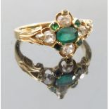 A diamond, emerald and green doublet ring, the oval cut composite stone to the centre with an old
