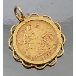 A 1908 half sovereign, in a 9ct gold wire edge pendant mount, weight 5.