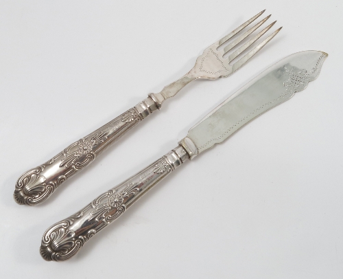 A set of six Queens pattern silver handled fish knives and forks, with EPNS blades,