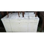 A large painted metal bound trunk, with fitted interior,