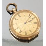 A fob watch, stamped '14K', with a gilt dial, black Roman numerals and hands,