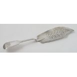 A Georgian silver fiddle pattern fish slice, with pierced blade and engraved with initials,