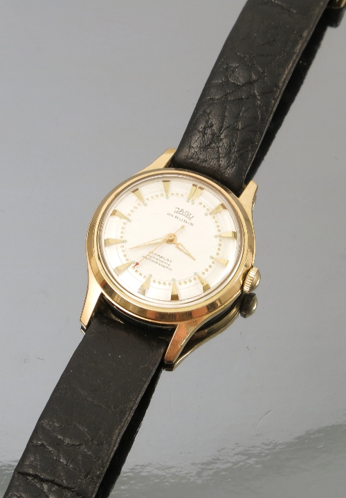 A gentleman's 1950's Jagu automatic wristwatch, the white dial with a textured centre,