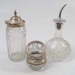 A group of glass and silver mounted items, to include a pair of circular salts with silver rims,