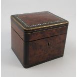 A 19th century French tea caddy, of square form, veneered in a burr wood to the top and sides,
