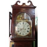 A mahogany long case clock, the painted arched dial decorated with figures,