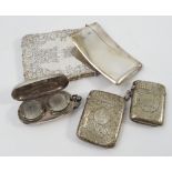A collection of hallmarked silver, to include a rectangular card case, a curved card case,
