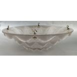 A frosted moulded glass plaffonier, decorated with bands of leaves, with four suspension hooks,